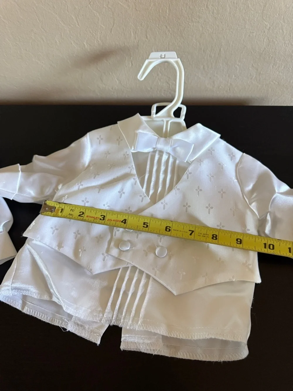 Vtg Baby Boy Christening Baptism Tuxedo Set White Satin Cross Embroidery  6-9M